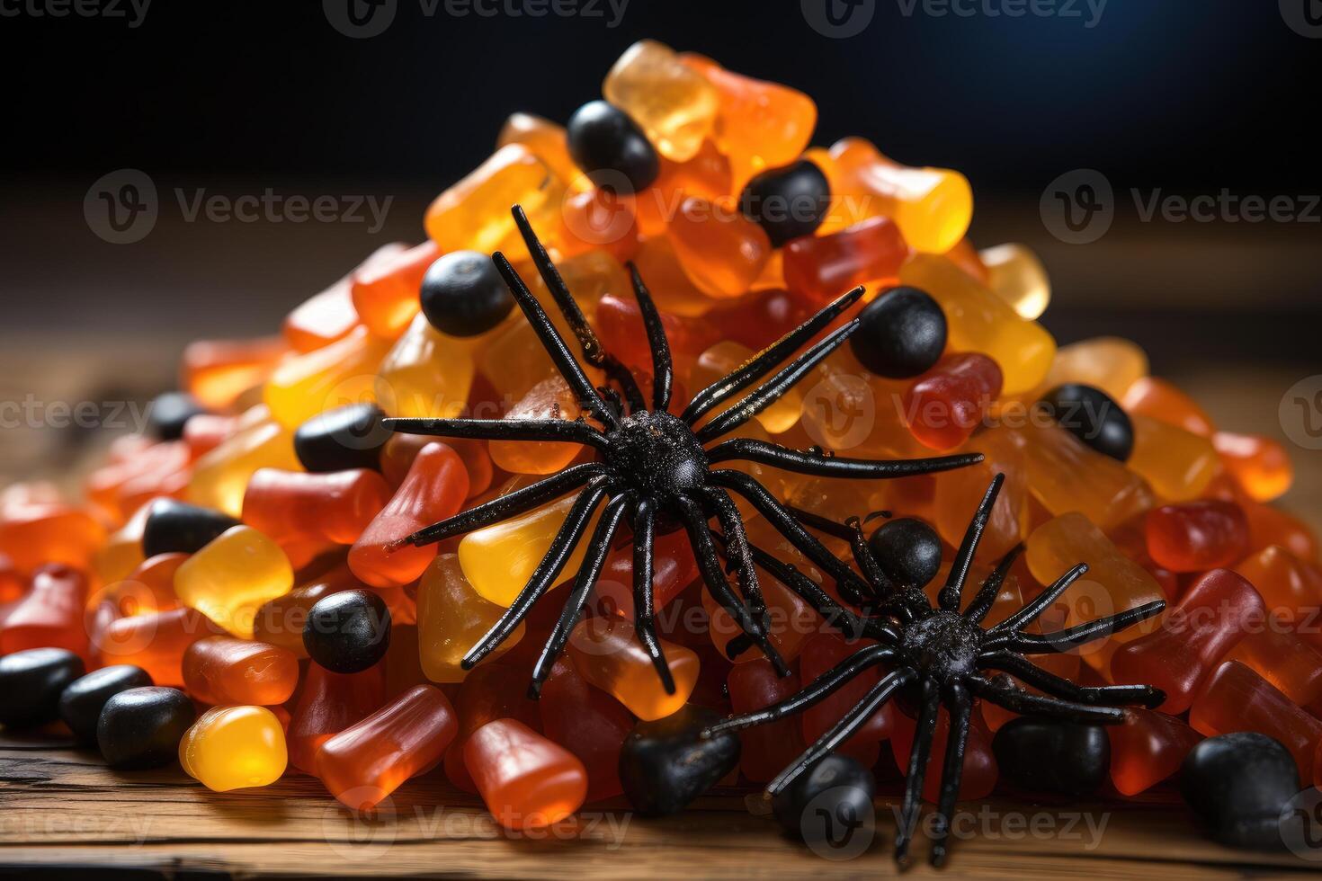 A creative arrangement of traditional Halloween candy corn formed into a spider shape on a dark wooden table, under soft lighting. photo