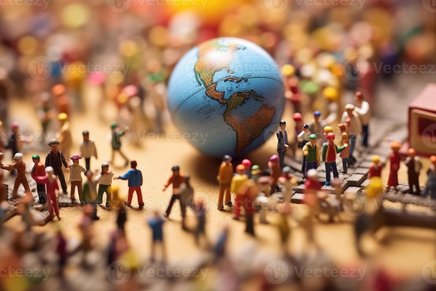 A crowd shot of tiny figurines of students and teachers bustling around a globe, representing a global classroom.  Generative AI photo