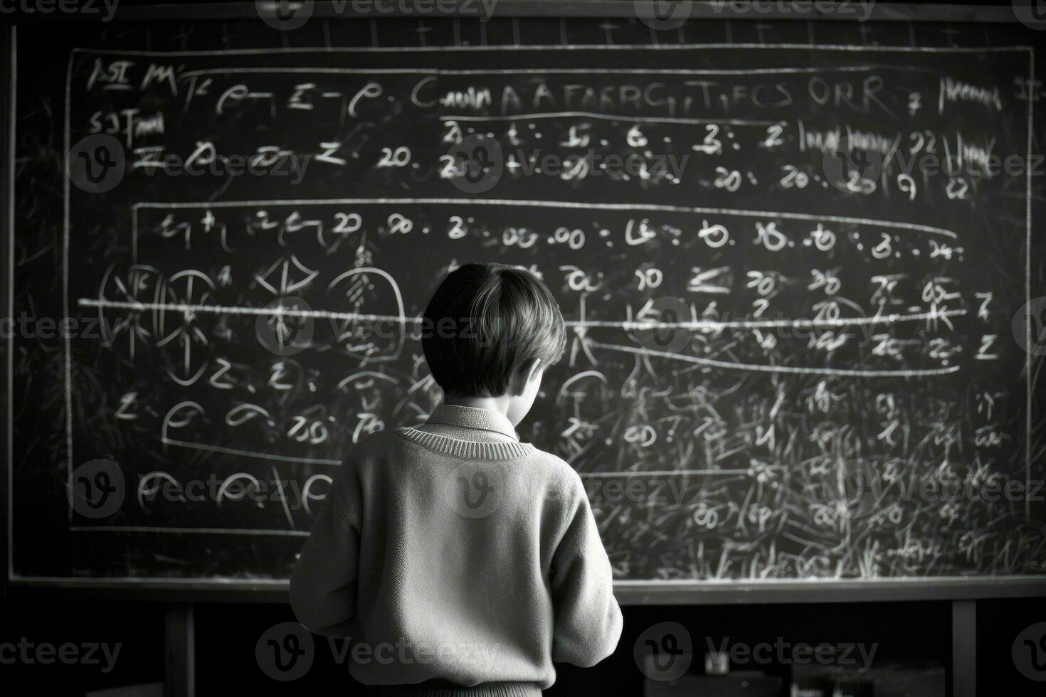 Photo of a child drawing a chalkboard full of complex mathematical formulas, pretending to be a teacher. Generative AI