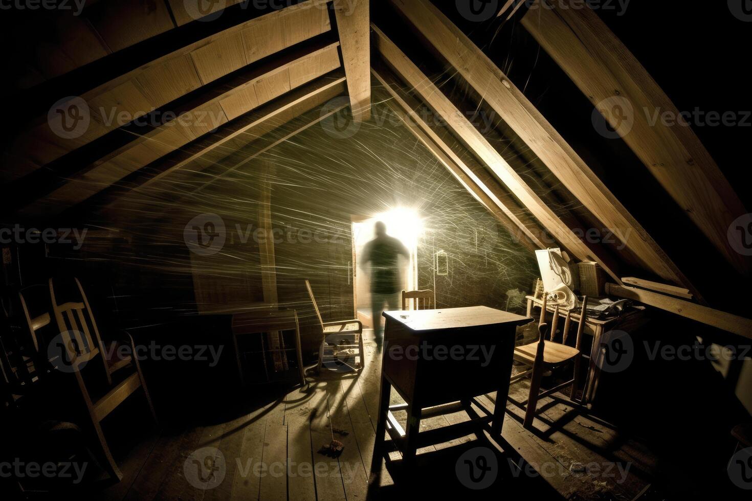 A haunting image of an attic, shot with a fisheye lens to create a distorted perspective. photo