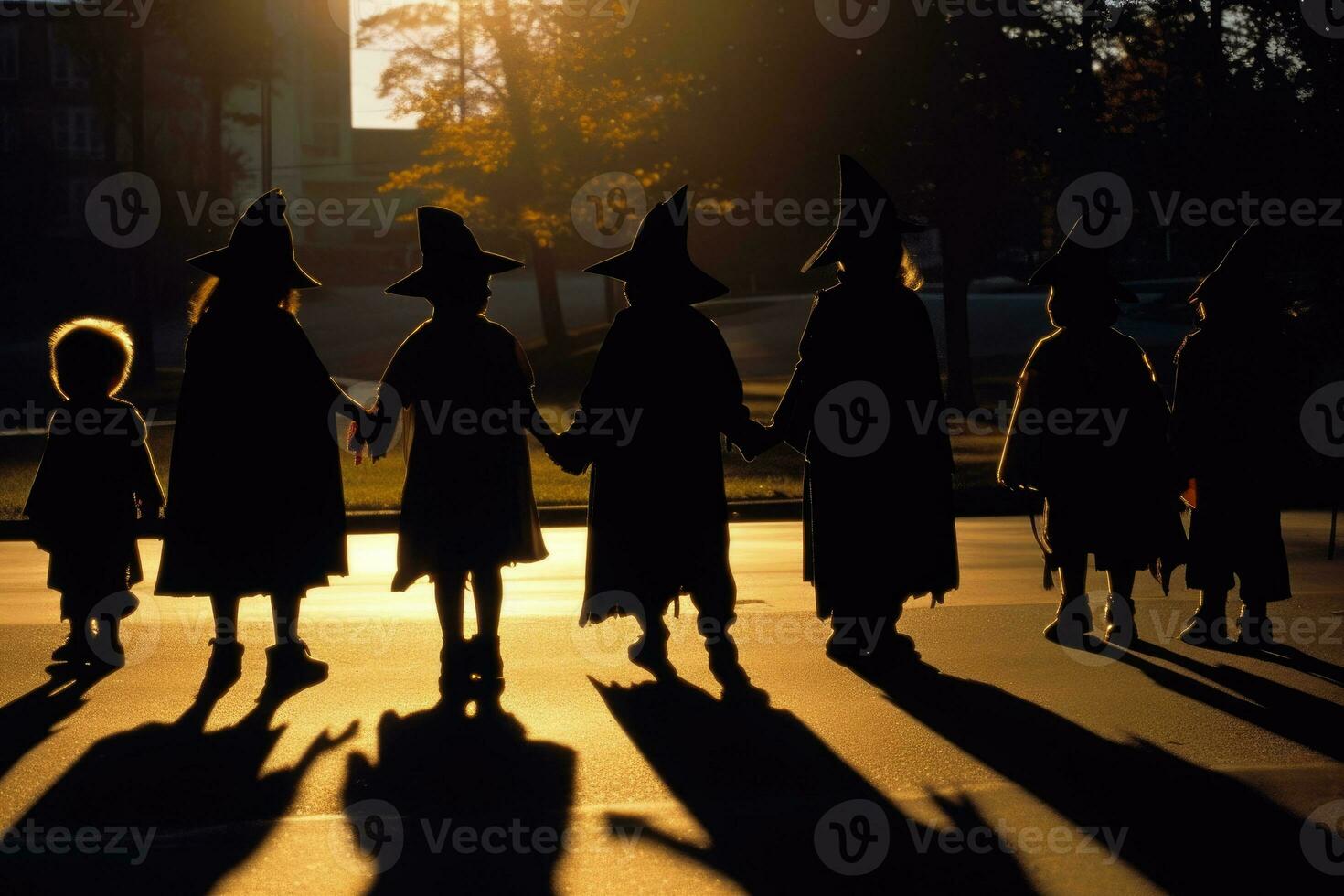 The silhouettes of children in various costumes parading on the street. Generative AI photo