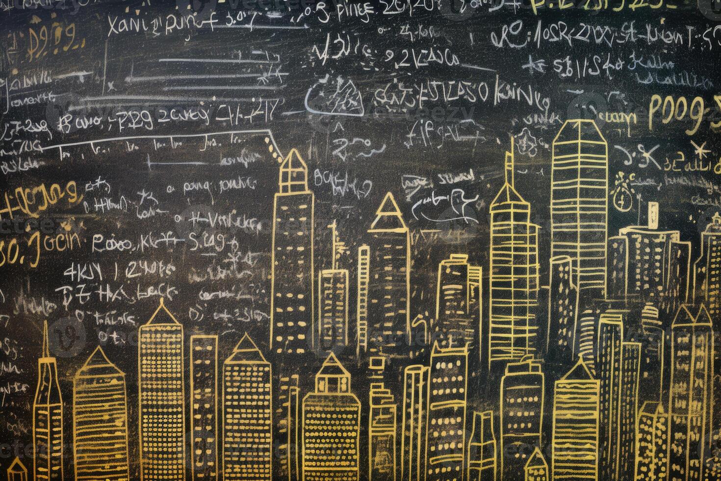 An close - up shot of a chalkboard, where mathematical formulas evolve into a detailed cityscape drawing. photo