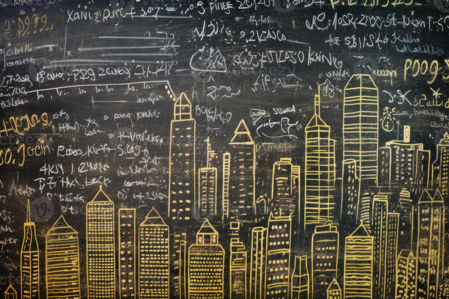 An close - up shot of a chalkboard, where mathematical formulas evolve into a detailed cityscape drawing. Generative AI photo