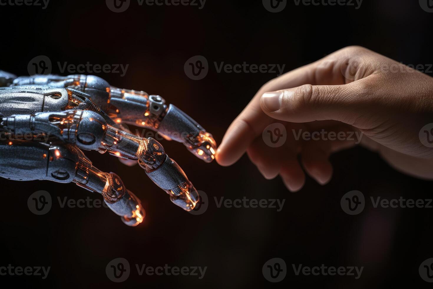 A human hand is reaching out to touch a robotic one. photo