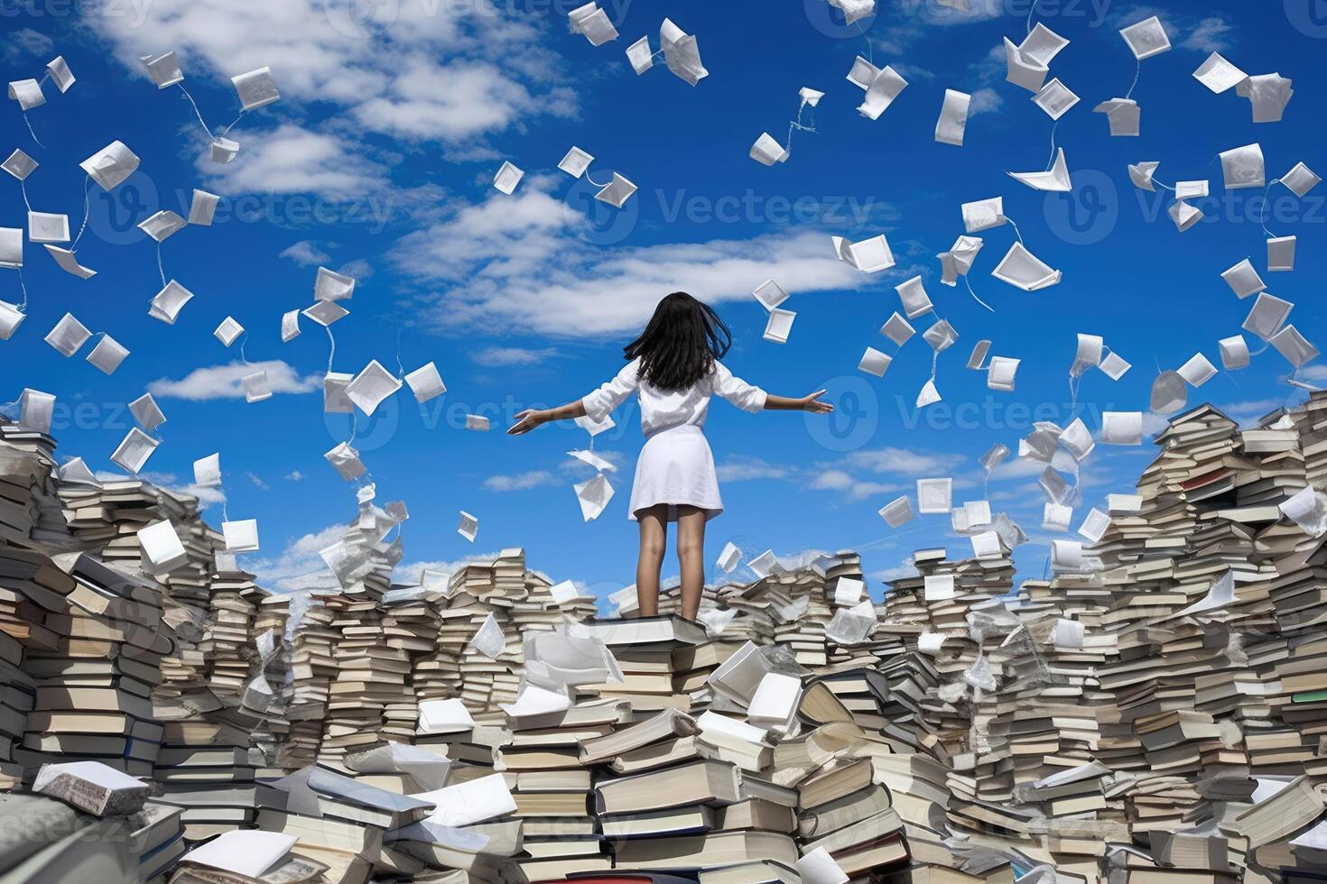 A young student reaching out towards a cloud made entirely of floating books against a bright blue sky. photo