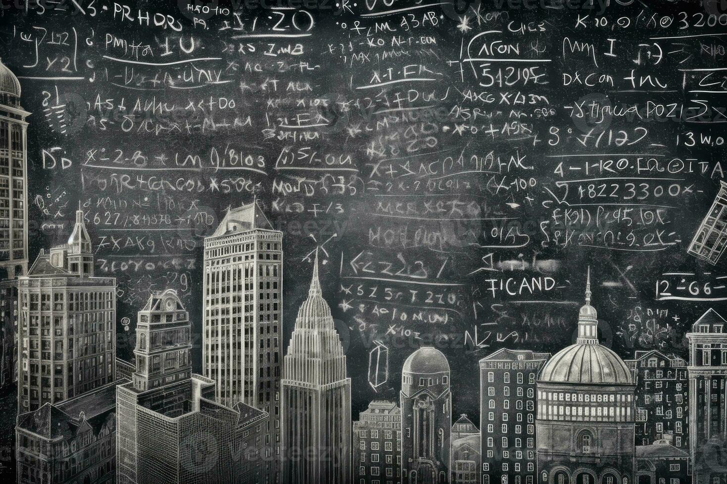 An close - up shot of a chalkboard, where mathematical formulas evolve into a detailed cityscape drawing. Generative AI photo