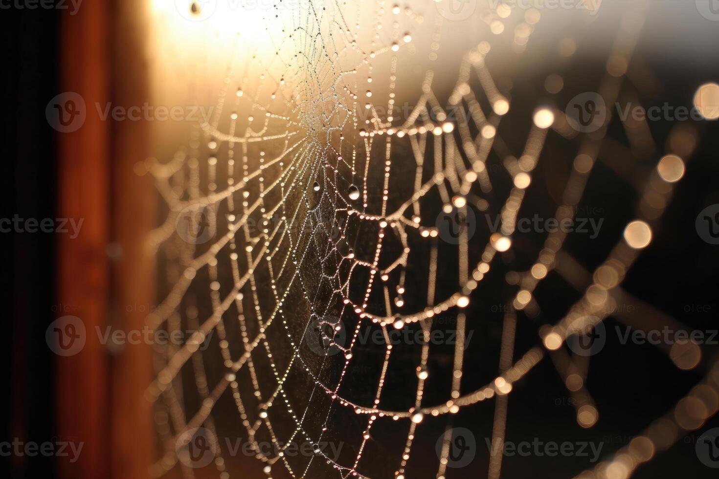 A dew - speckled spider web stretched across the corner of a rustic window frame, with the soft glow of a full moon in the background. photo