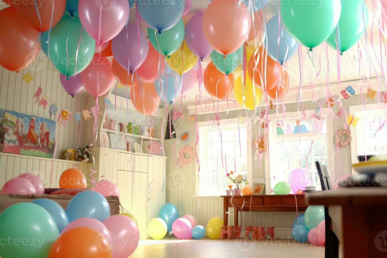 fiesta atmósfera con un atención en pastel globos y con tema de bebe decoraciones forrado arriba alrededor el habitación. generativo ai foto