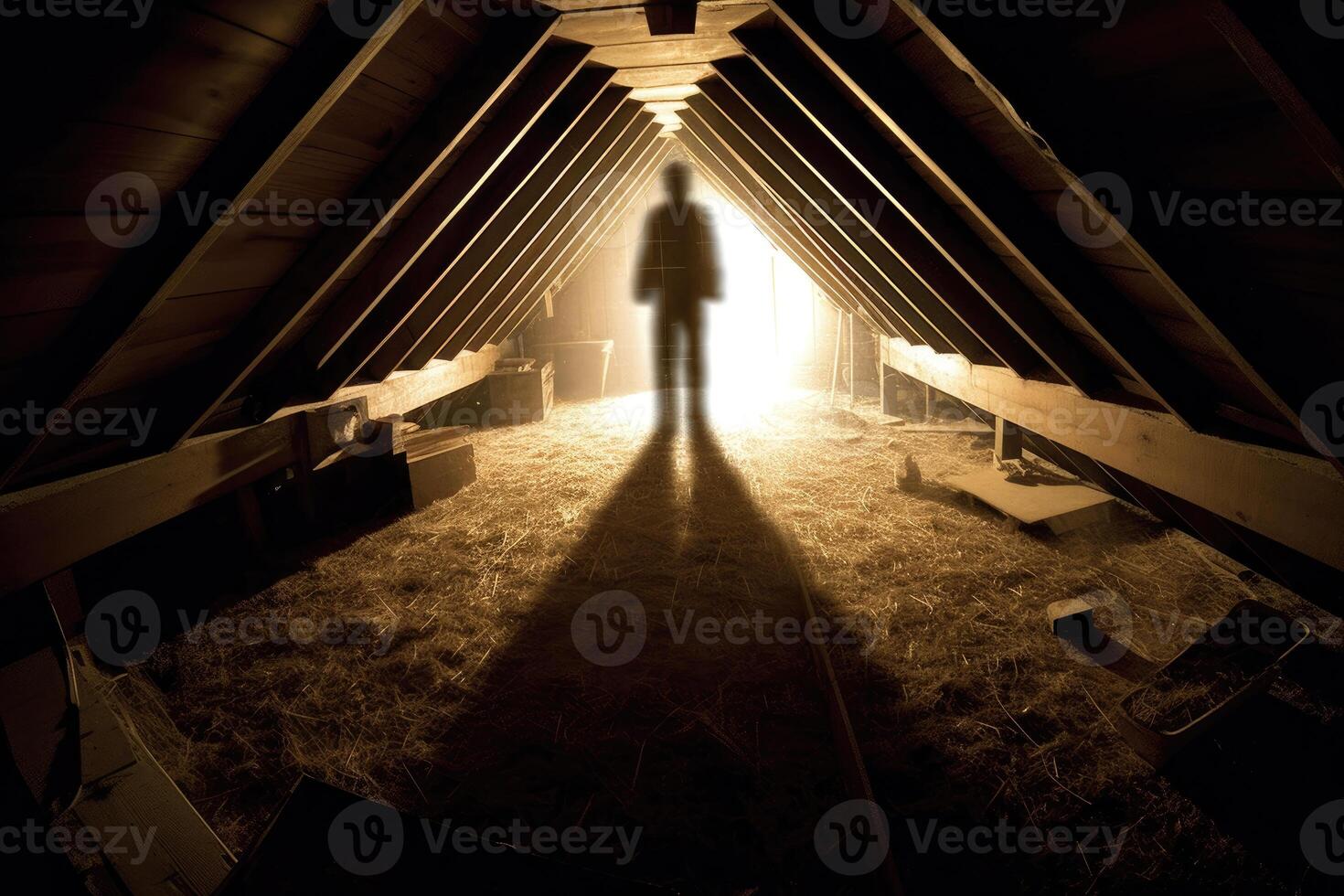 A haunting image of an attic, shot with a fisheye lens to create a distorted perspective. photo