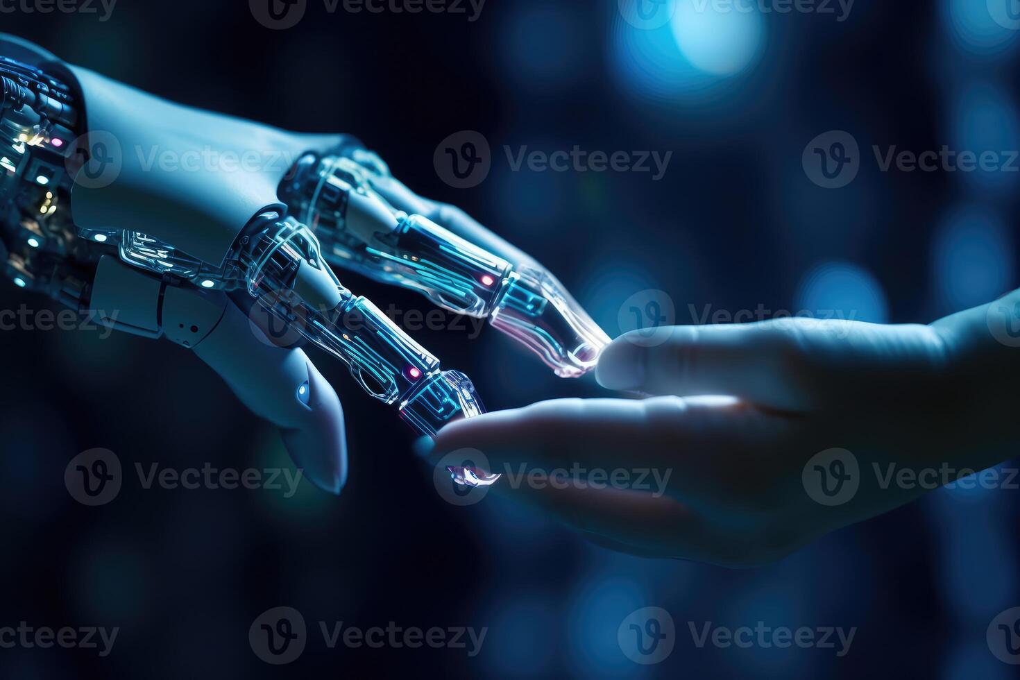 A human hand is reaching out to touch a robotic one. photo