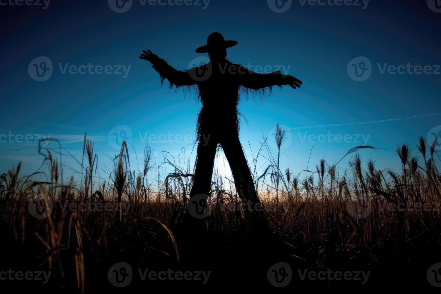 A spooky silhouette of a scarecrow in a deserted field, backlit by a massive full moon. Generative AI photo