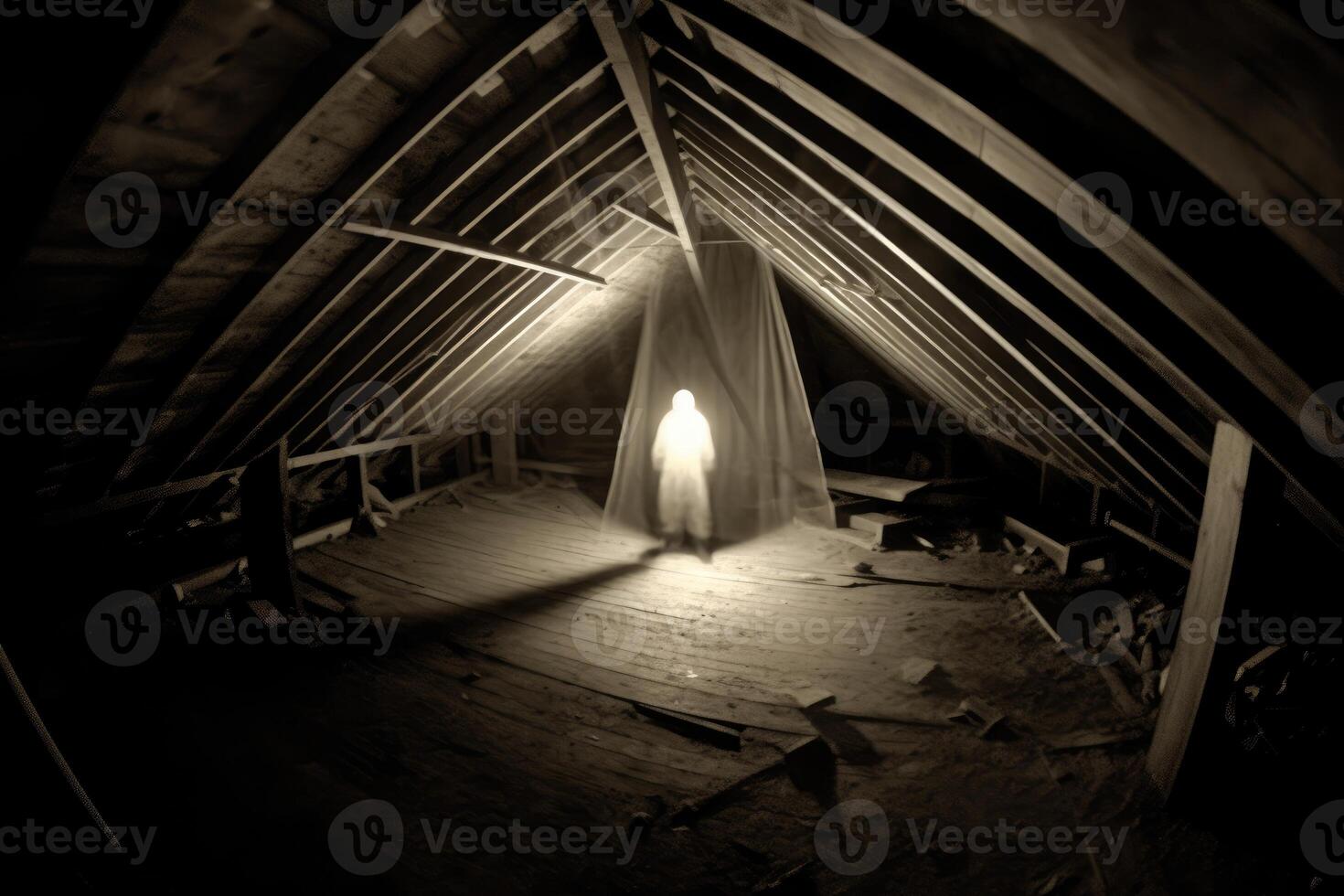A haunting image of an attic, shot with a fisheye lens to create a distorted perspective. photo