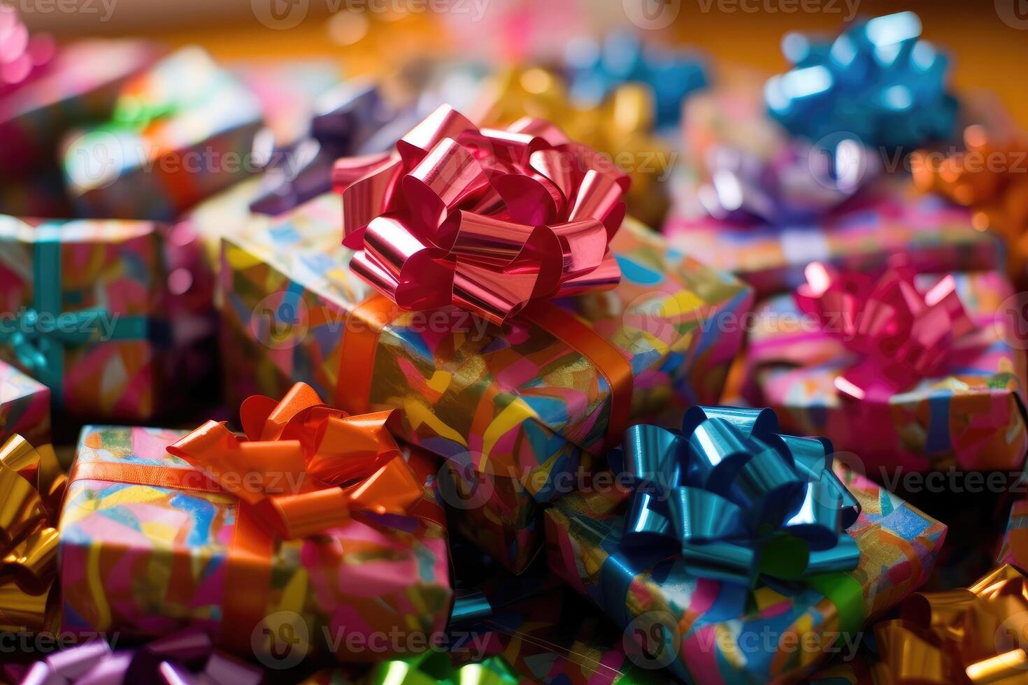 A pile of wrapped gift boxes, their colorful paper and bows. photo