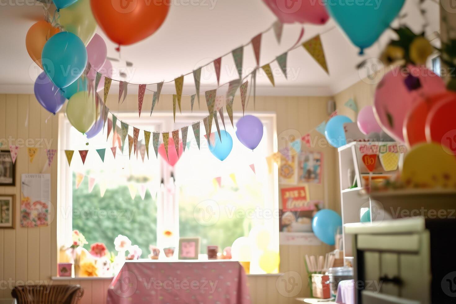 Party atmosphere with a focus on pastel balloons and baby-themed decorations lined up around the room. photo