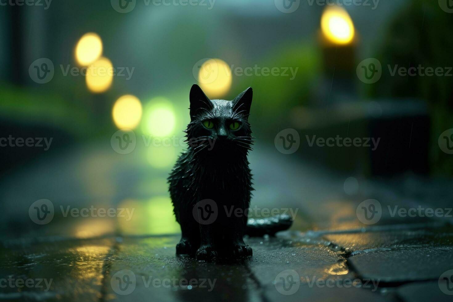 A close - up of a black cat statue with illuminated green eyes, placed in the foreground of a moonlit, foggy pathway. Generative AI photo