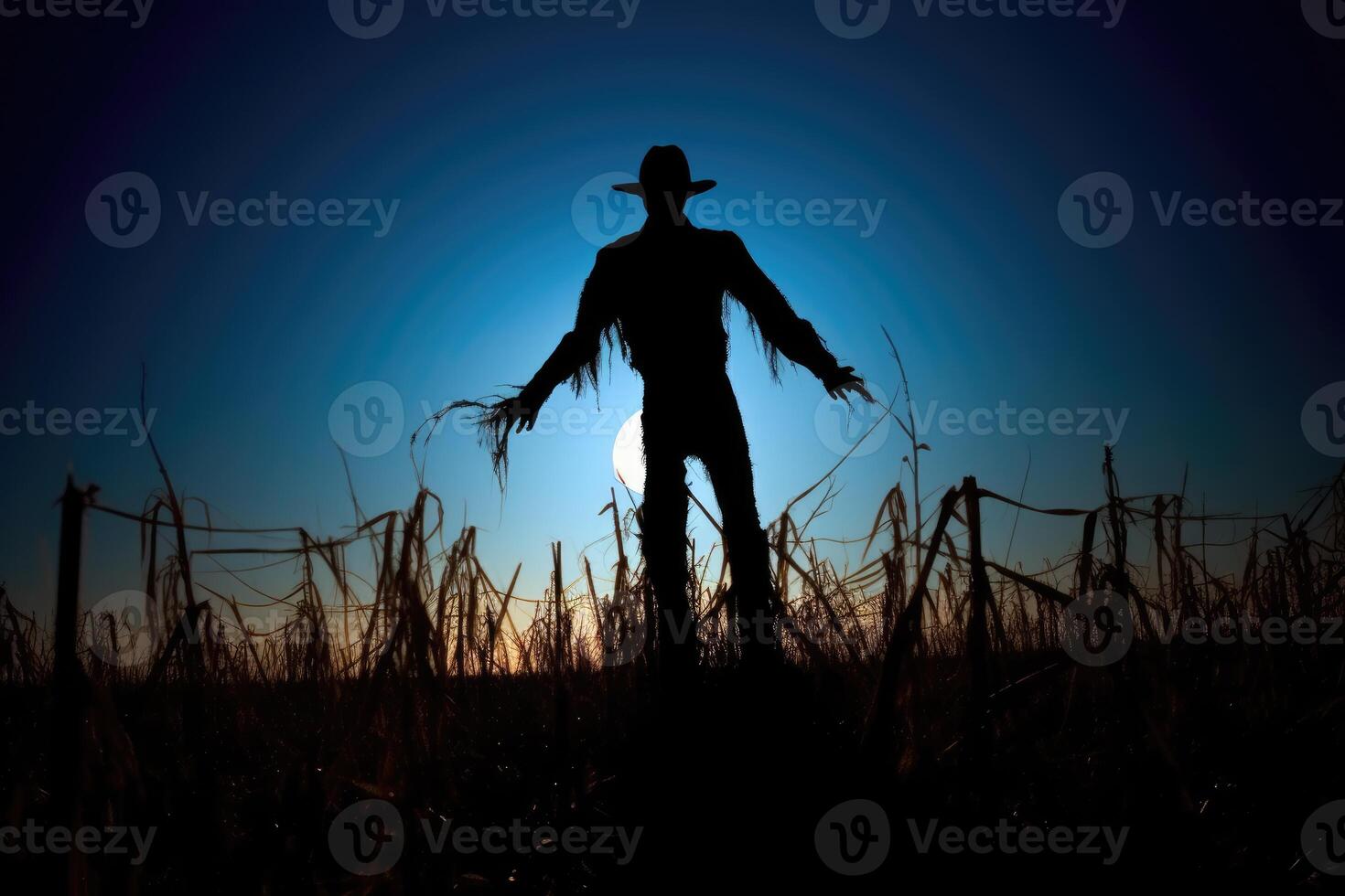 A spooky silhouette of a scarecrow in a deserted field, backlit by a massive full moon. photo