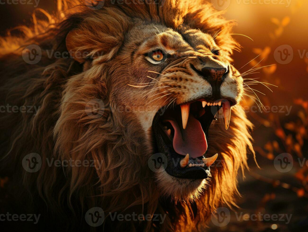 A stunning shot of a roaring lion during sunset in the African savanna.  Generative AI photo