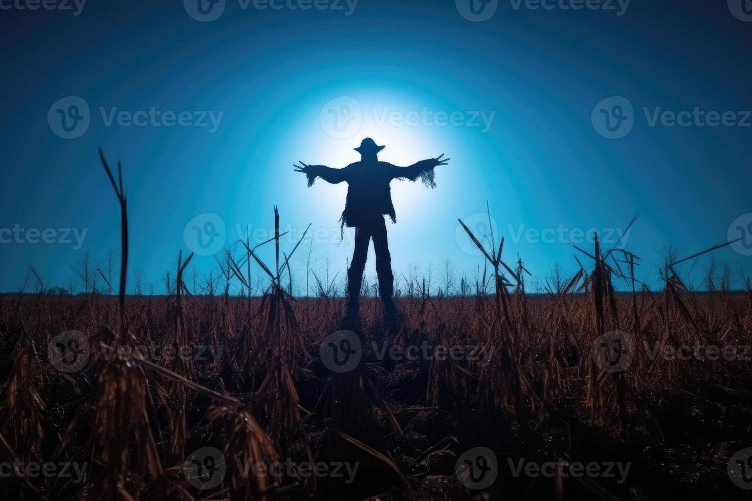 A spooky silhouette of a scarecrow in a deserted field, backlit by a massive full moon. photo