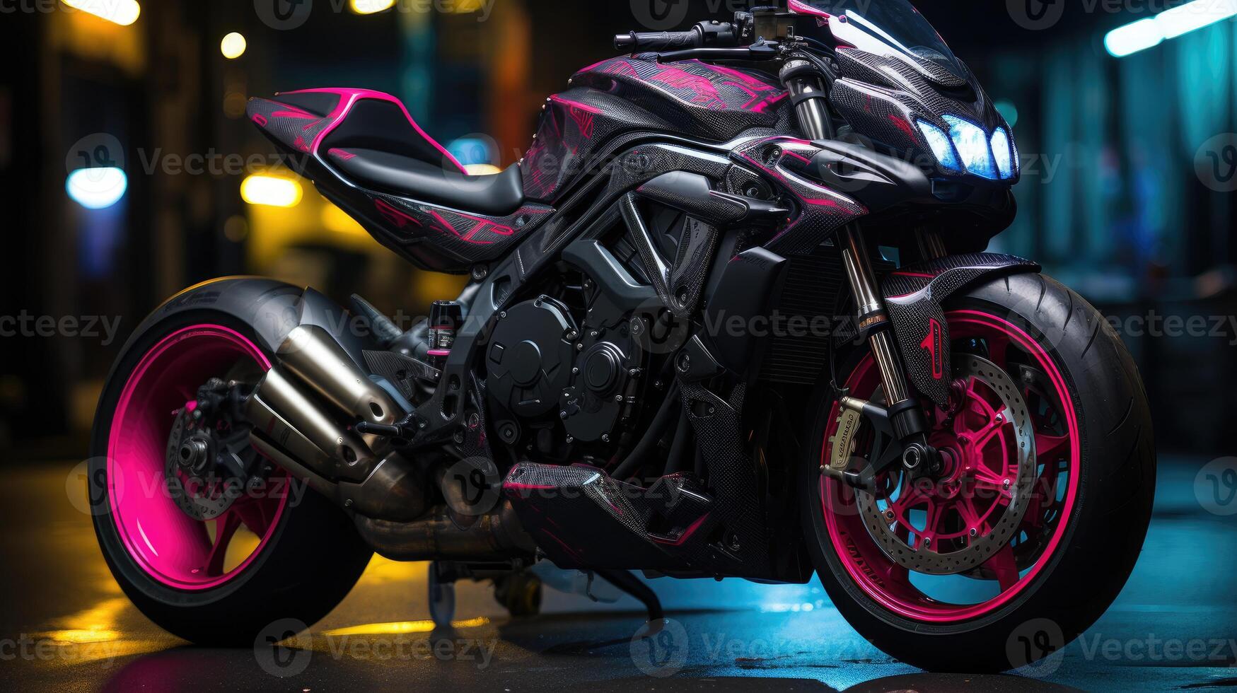 Neon Nights - An Intriguing Image Of A Motorbike Parked Near A Neon Sign In Tokyo. Generative AI photo