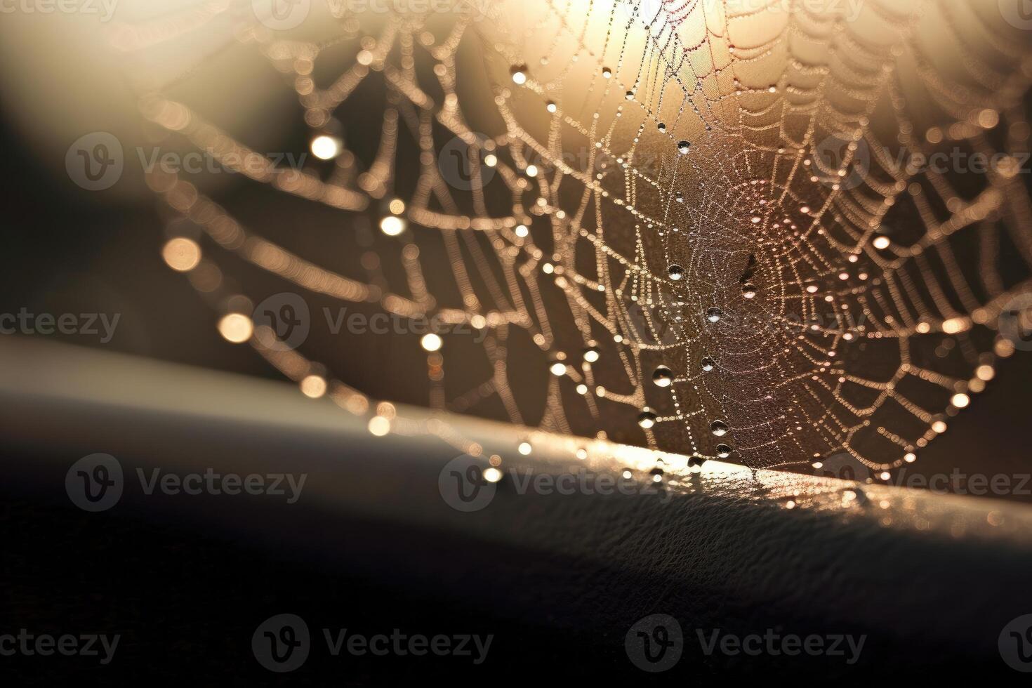 A dew - speckled spider web stretched across the corner of a rustic window frame, with the soft glow of a full moon in the background. photo