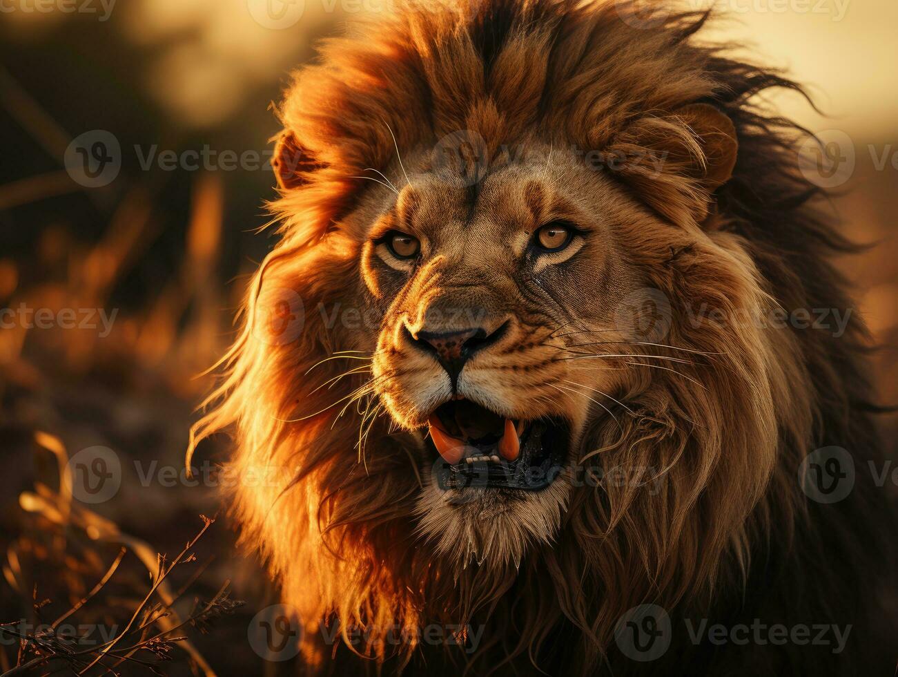 A stunning shot of a roaring lion during sunset in the African savanna.  Generative AI photo