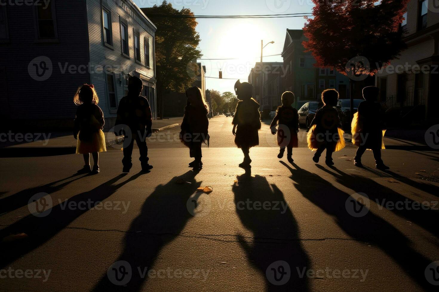 el siluetas de niños en varios disfraces desfilando en el calle. generativo ai foto