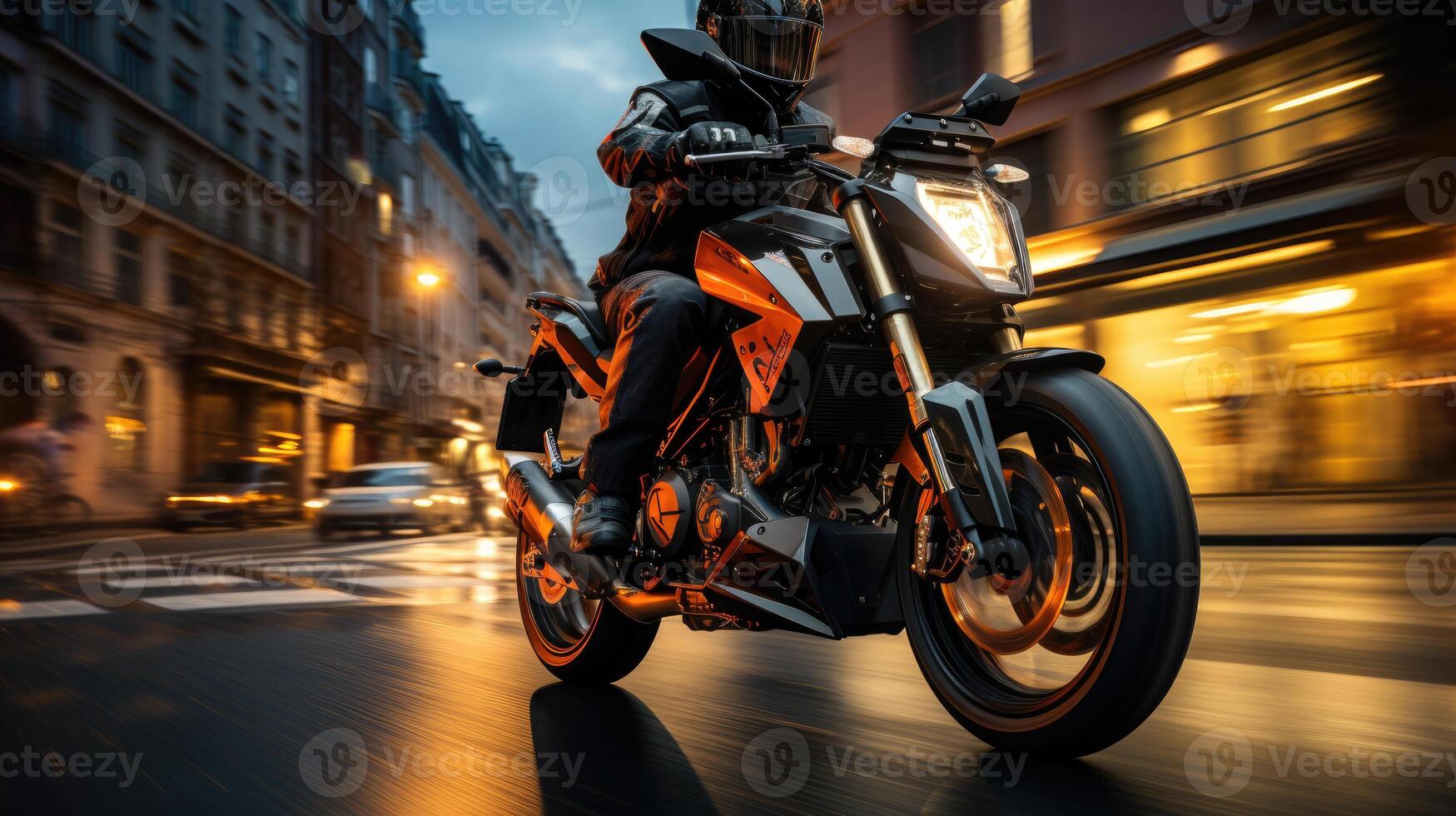 Speed On A Wet Track - A Dynamic Action Shot Of A Motorcycle Racer Making A Sharp Turn. photo