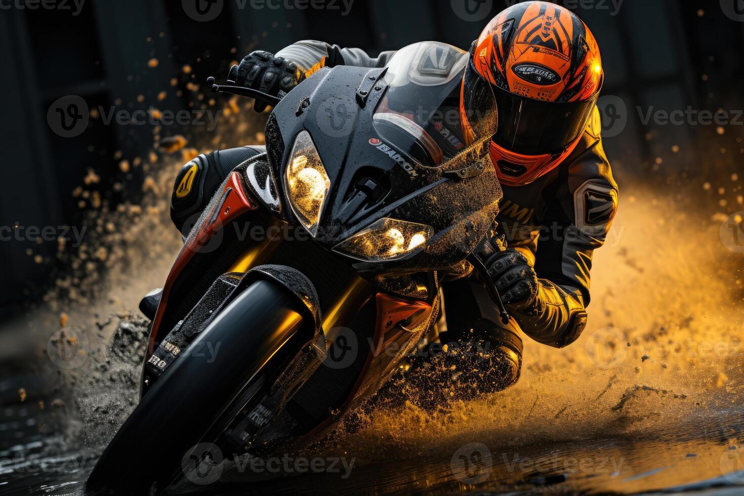 A Dynamic Action Shot Of A Motorcycle Rider In Mid-Air. Generative AI photo