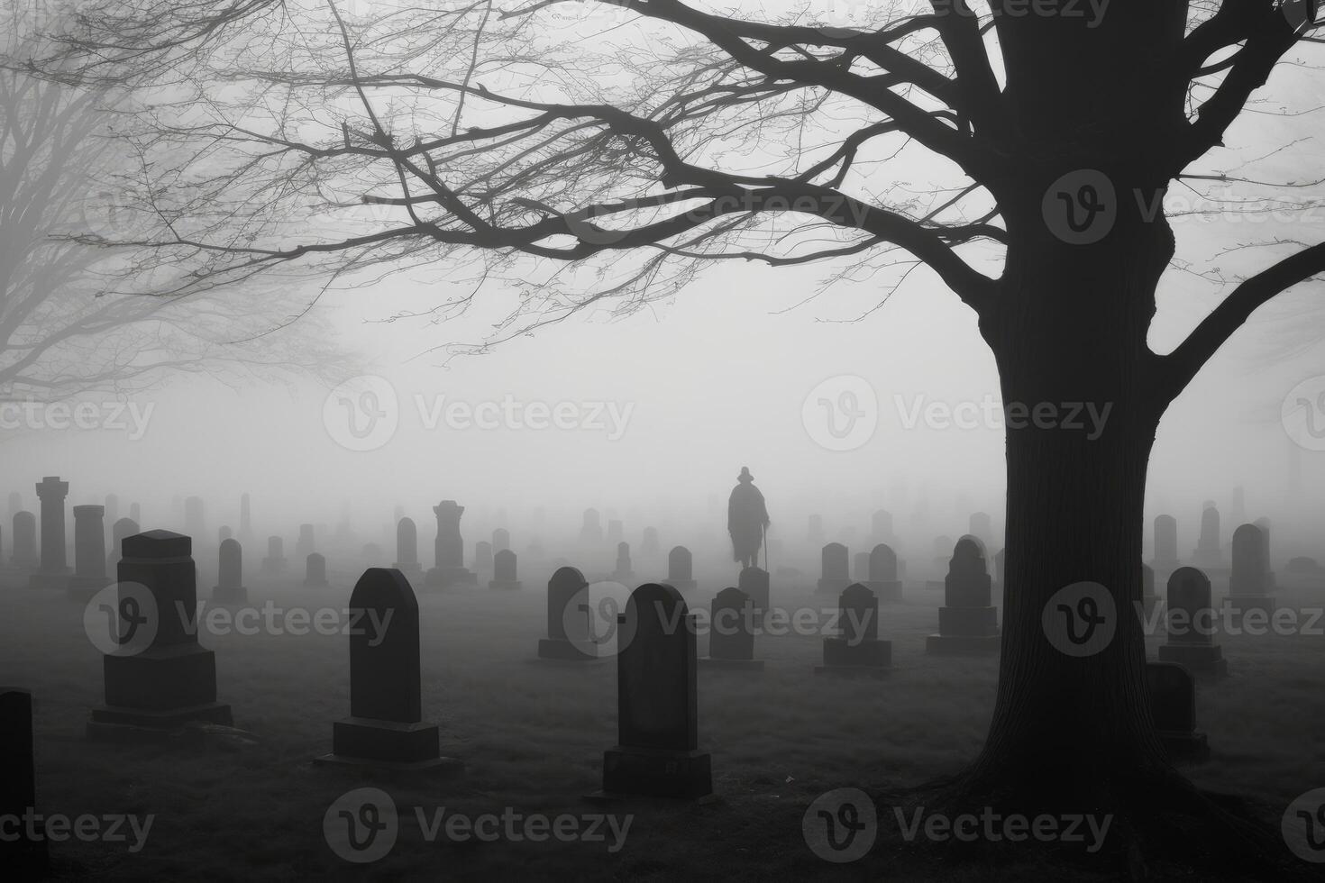 An eerie shot taken at the stroke of midnight, capturing the fog - laden backdrop of a cemetery. Generative AI photo