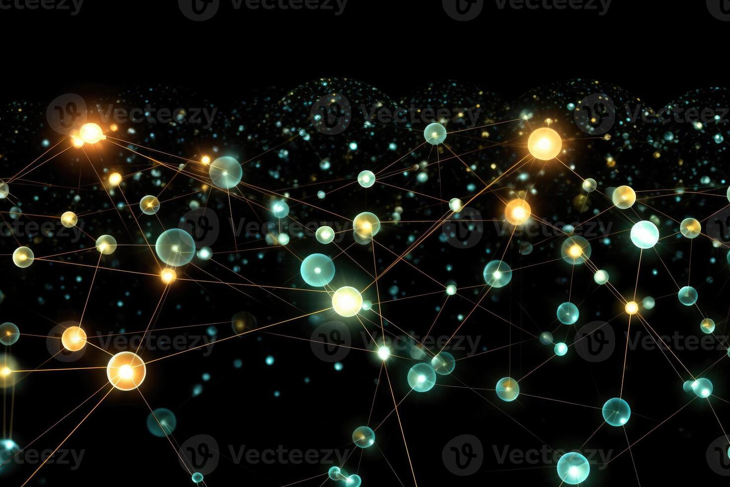 A network of glowing, interconnected nodes suspended in mid - air. photo