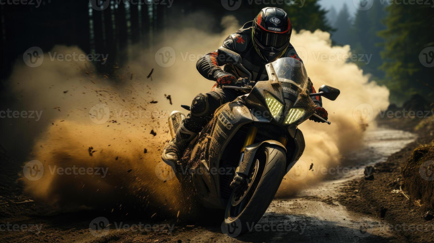 Speed On A Wet Track - A Dynamic Action Shot Of A Motorcycle Racer Making A Sharp Turn. photo