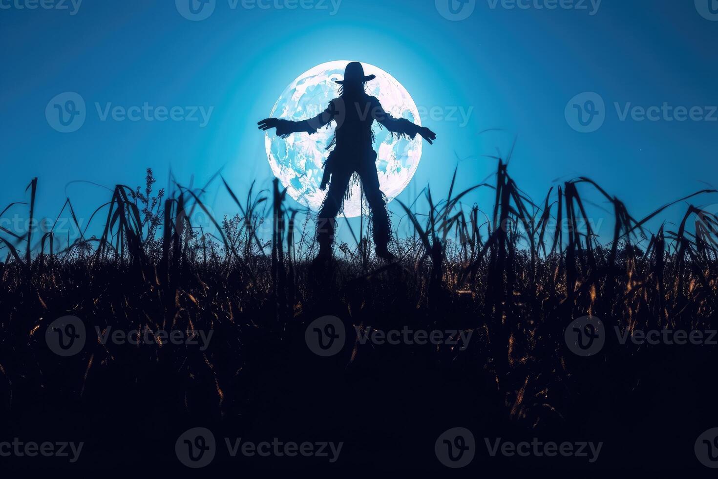A spooky silhouette of a scarecrow in a deserted field, backlit by a massive full moon. photo