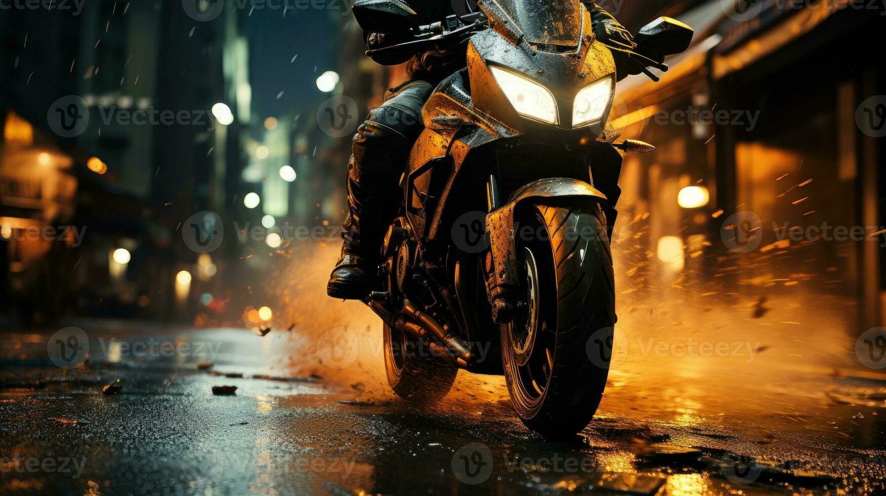 Urban Wheelie - A Dynamic Action Shot Of A Motorcycle Performing A Wheelie On An Urban Street. Generative AI photo
