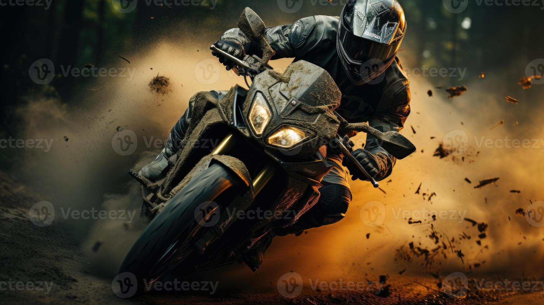 Speed On A Wet Track - A Dynamic Action Shot Of A Motorcycle Racer Making A Sharp Turn. photo