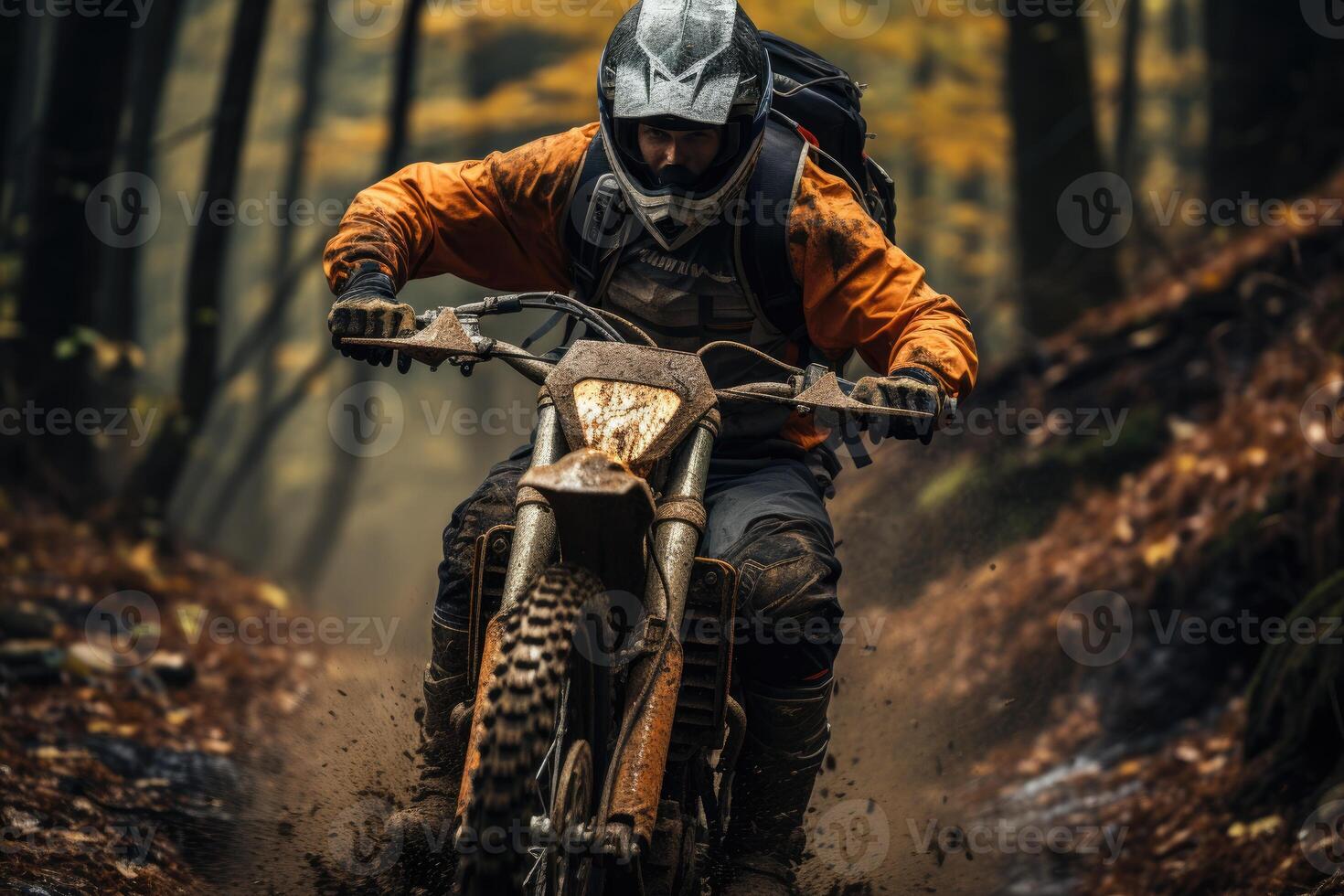 Forest Trail - A Dynamic Action Shot From Behind Of A Motorcycle Rider Navigating Through A Dense Forest Trail. Generative AI photo