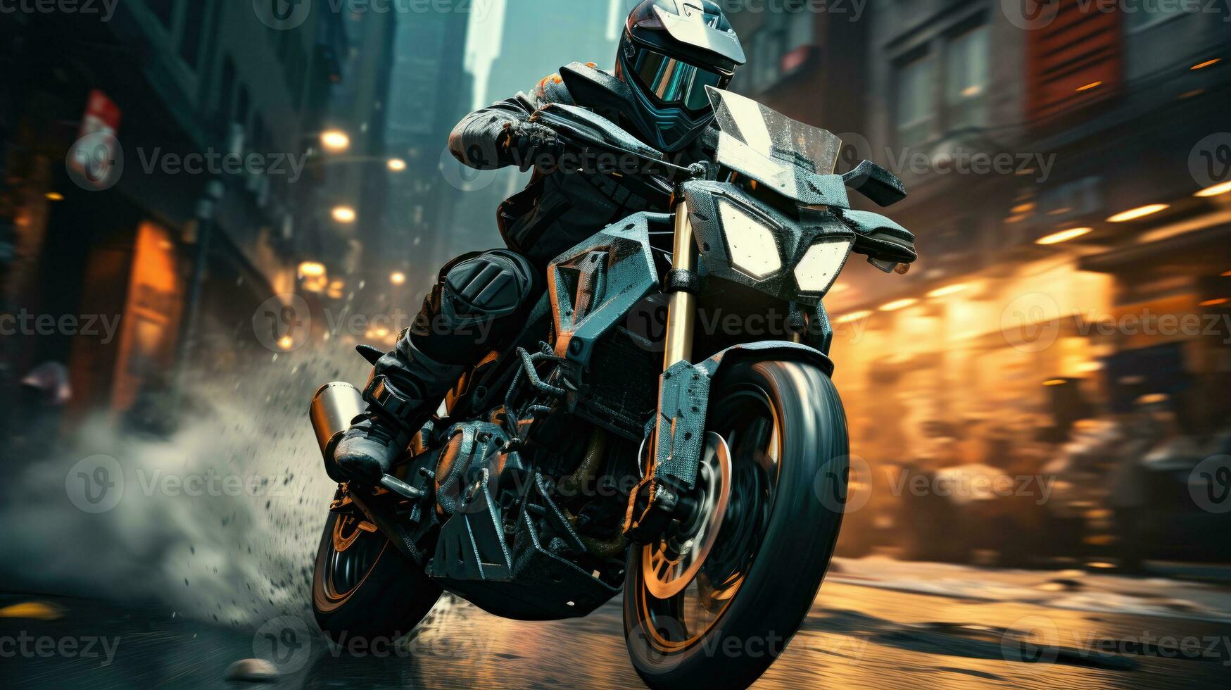 A Dynamic Action Shot Of A Motorcycle Performing A Wheelie On An Urban Street. Generative AI photo