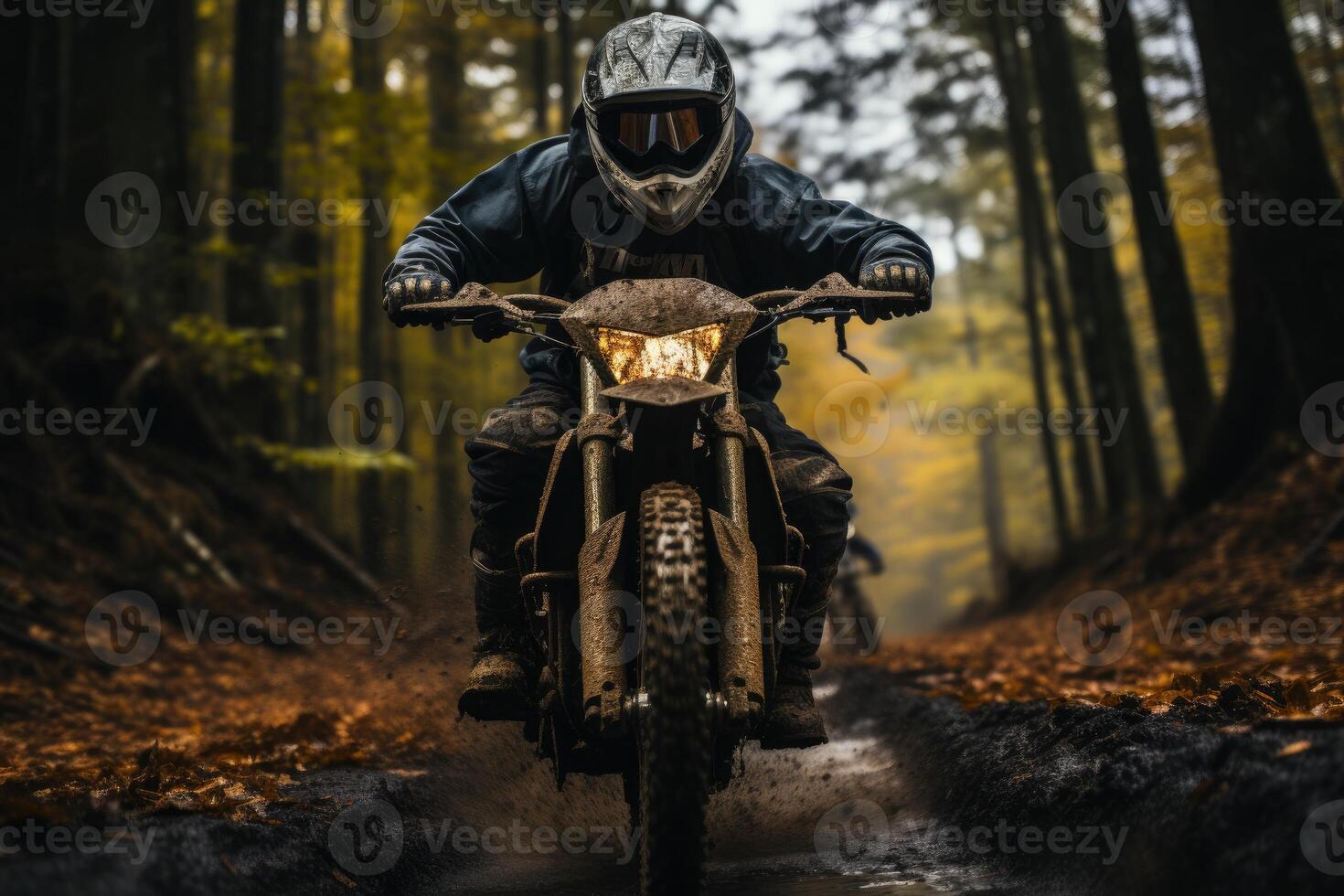 Forest Trail - A Dynamic Action Shot From Behind Of A Motorcycle Rider Navigating Through A Dense Forest Trail. Generative AI photo