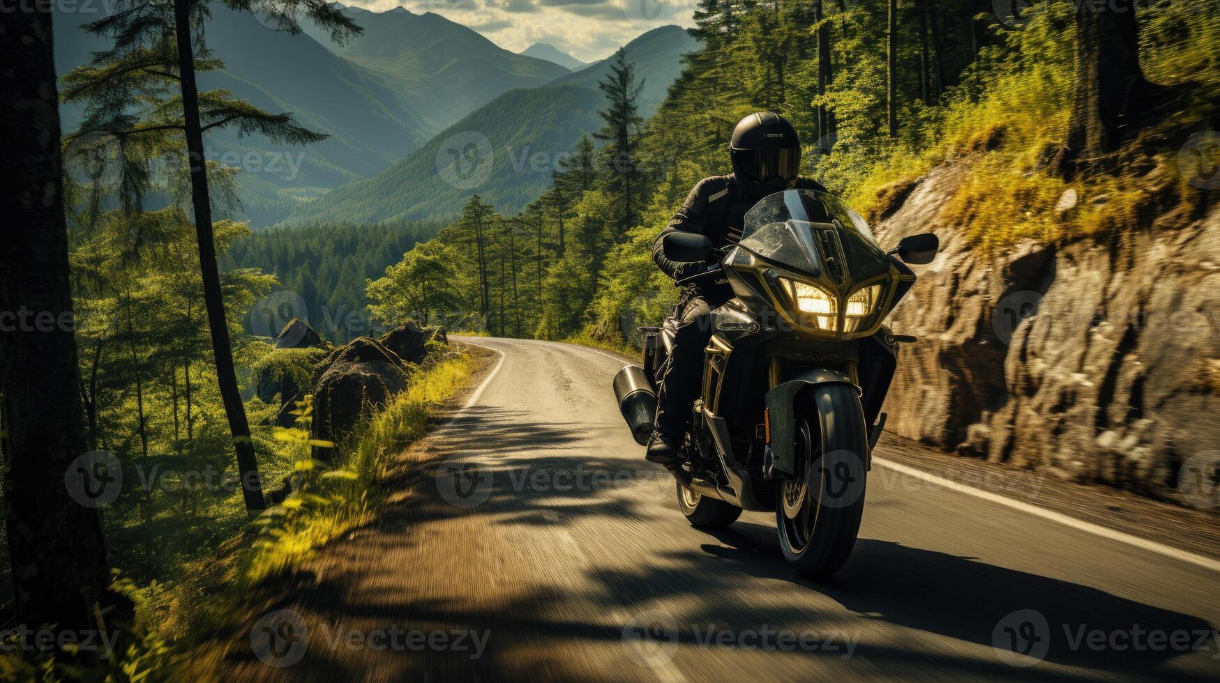 bosque paseo - un emocionante imagen de un motociclista montando mediante un devanado bosque la carretera. generativo ai foto