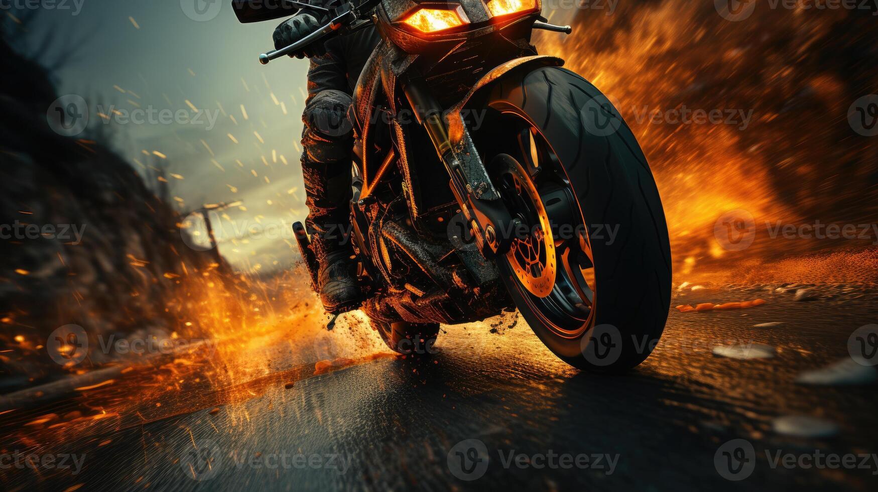 Urban Wheelie - A Dynamic Action Shot Of A Motorcycle Performing A Wheelie On An Urban Street. Generative AI photo