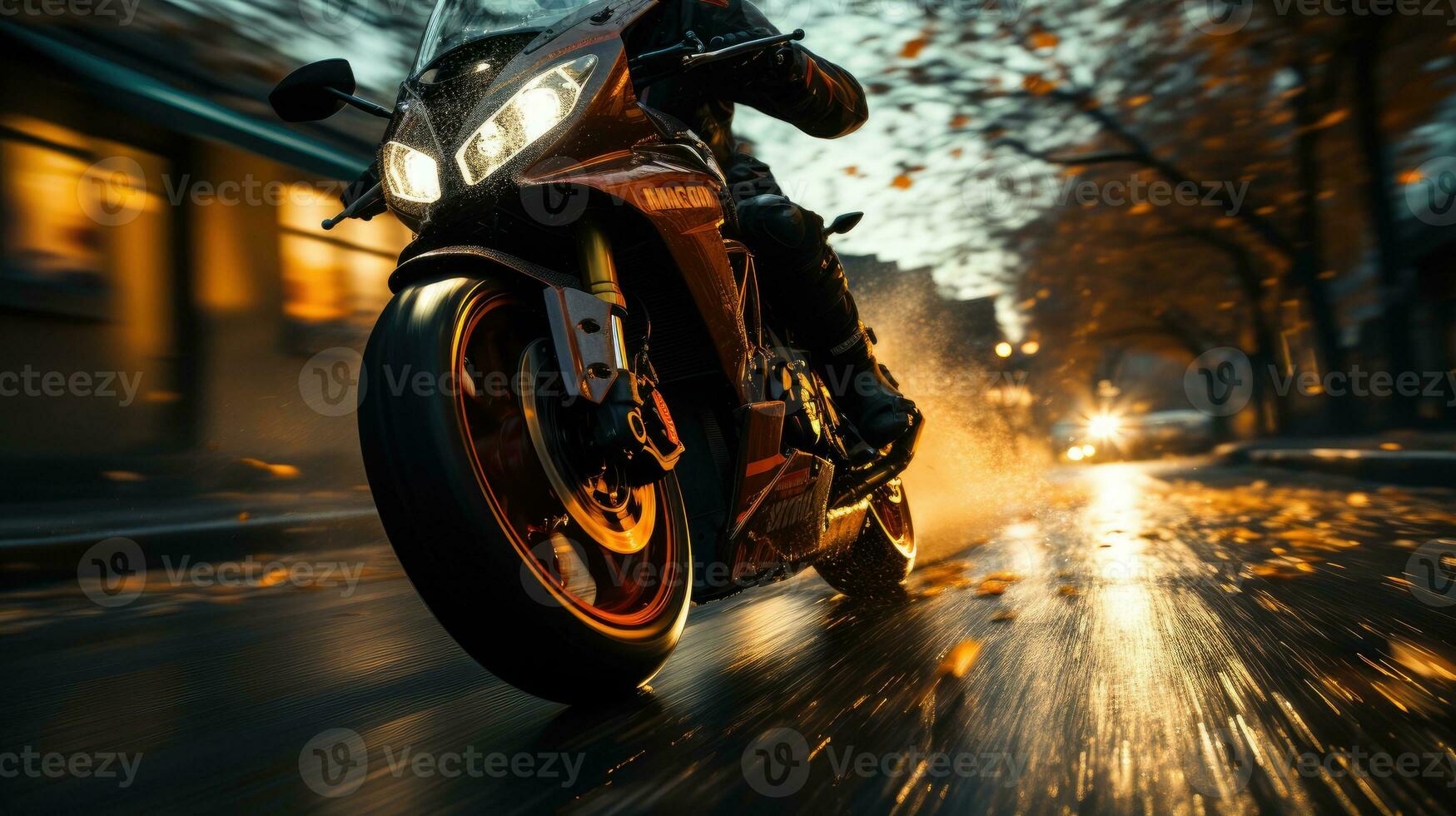 Urban Wheelie - A Dynamic Action Shot Of A Motorcycle Performing A Wheelie On An Urban Street. Generative AI photo