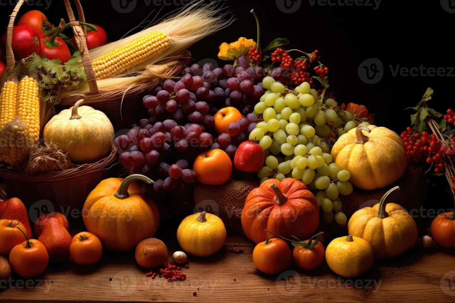 An assortment of freshly harvested autumn fruits and vegetables. photo