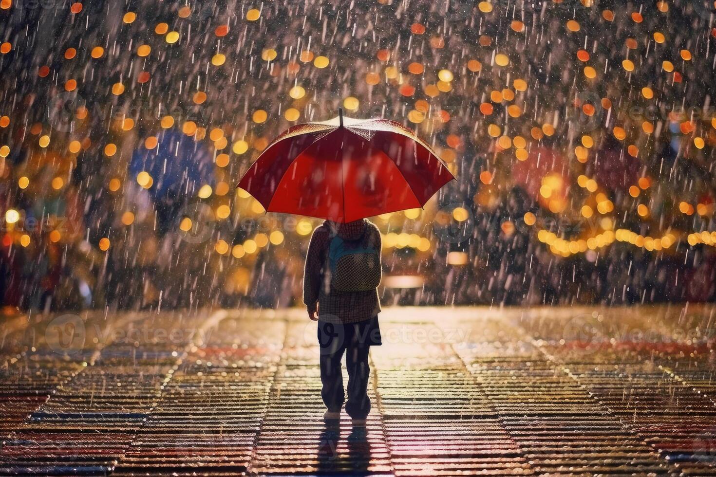 A child holding an umbrella under a rain of alphabets, symbolizing the shower of knowledge. Generative AI photo