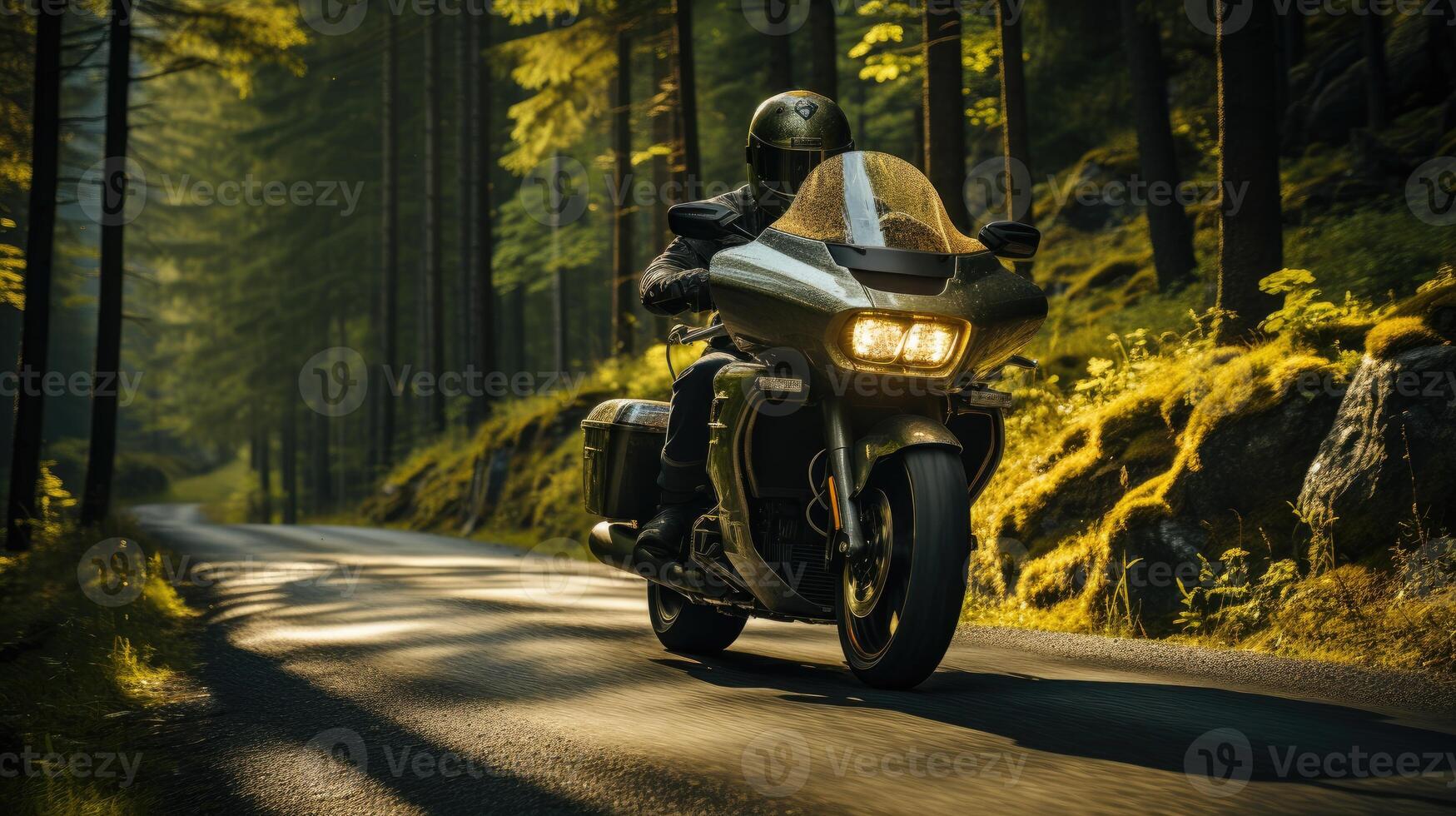 bosque paseo - un emocionante imagen de un motociclista montando mediante un devanado bosque la carretera. generativo ai foto