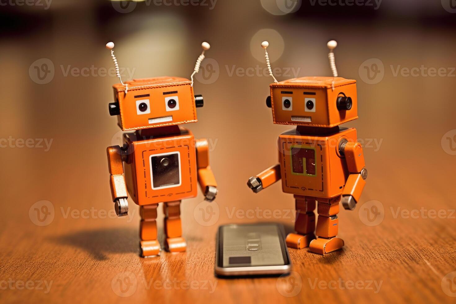 Two retro toy robots engaged in a conversation, placed on either side of a modern smartphone. photo