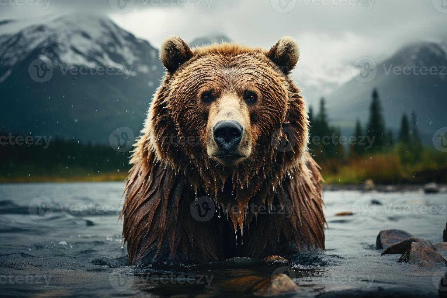 Stand Tall - Imposing Grizzly Bear in Alaskan Wilderness. Generative AI photo