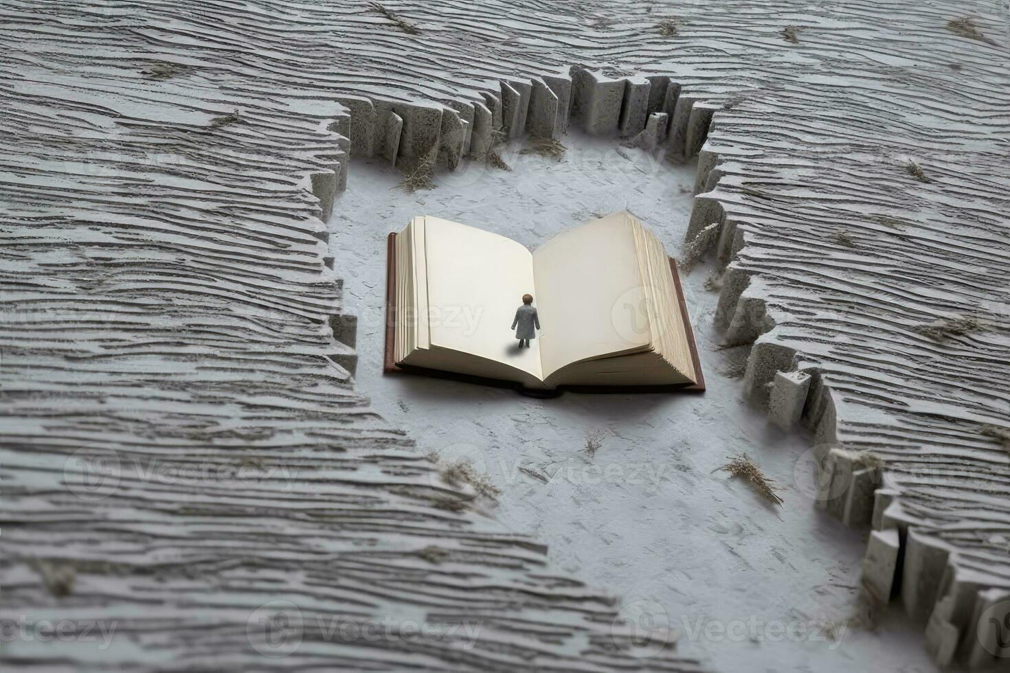 A child walking on a road made of book pages, leading into a horizon made from an open book. Generative AI photo