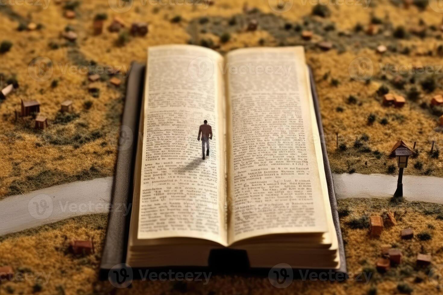 A child walking on a road made of book pages, leading into a horizon made from an open book. Generative AI photo