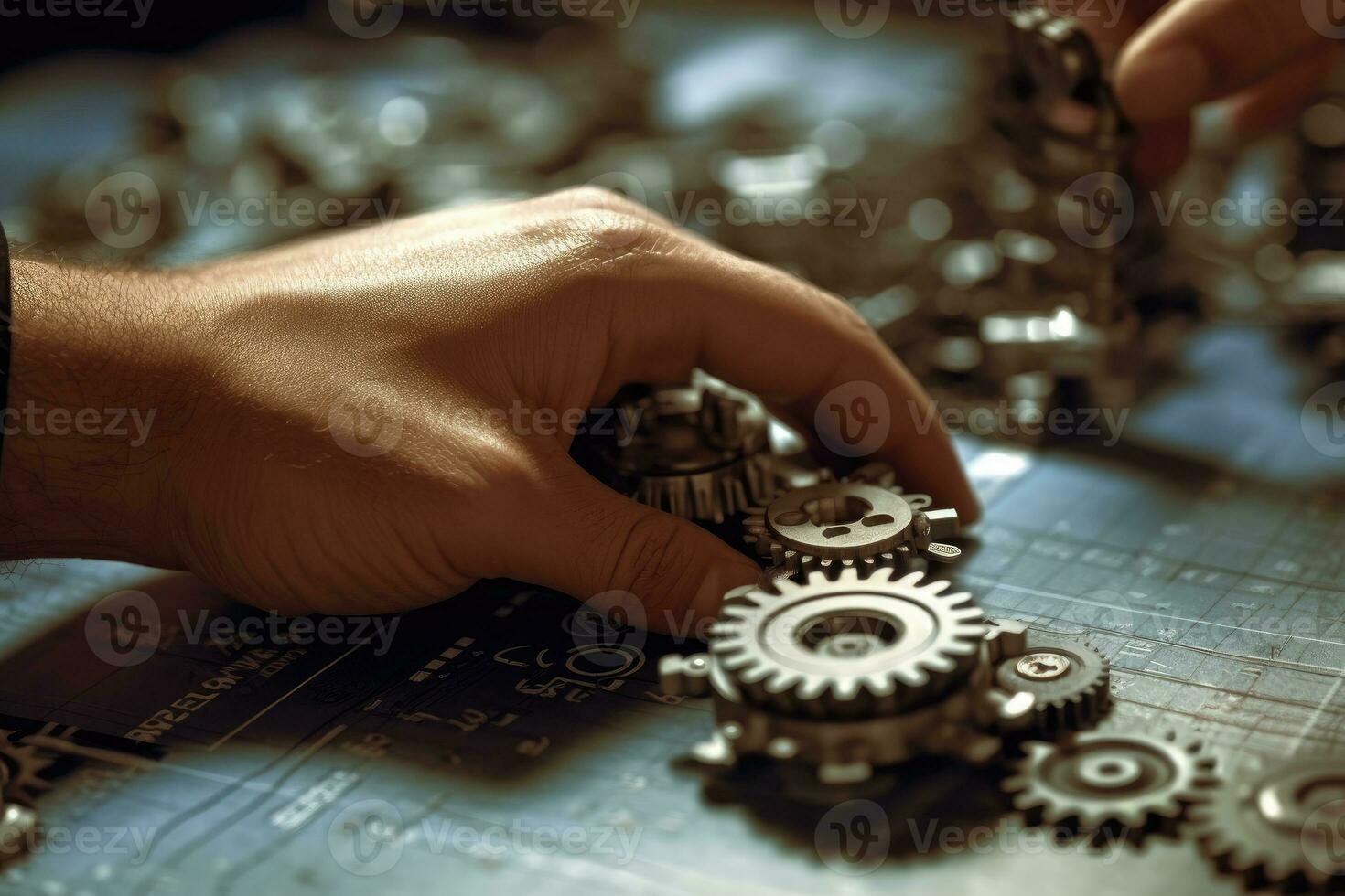 A mechanical hand reaching out to a human hand across a table strewn with gears and blueprints. Generative AI photo