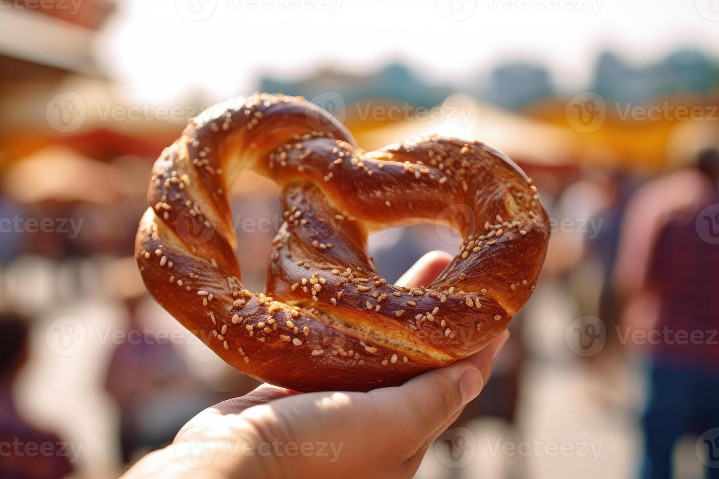 A close - up of a giant pretzel, a staple of Oktoberfest. photo