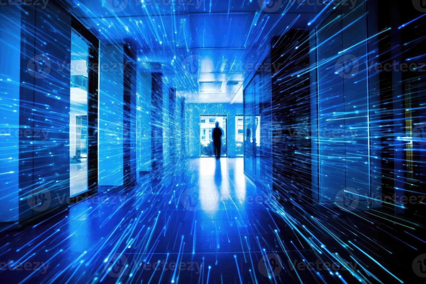 A dynamic shot capturing the flurry of digital networks inside a modern office. photo